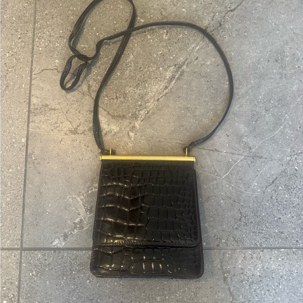 Vintage High fashion Dark Brown Crocodile-Embossed Crossbody Bag